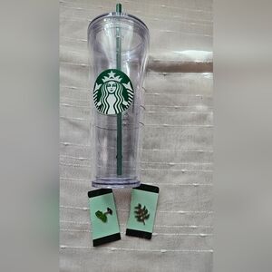 Starbucks Clear Tumbler with Green Logo and Straw + 2 Barista Pins
